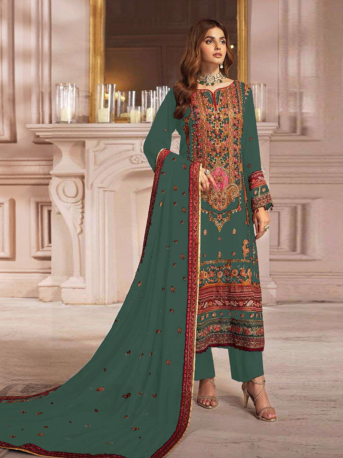 Odette Green Georgette Embroidered Semi Stitched Salwar Suit For Women