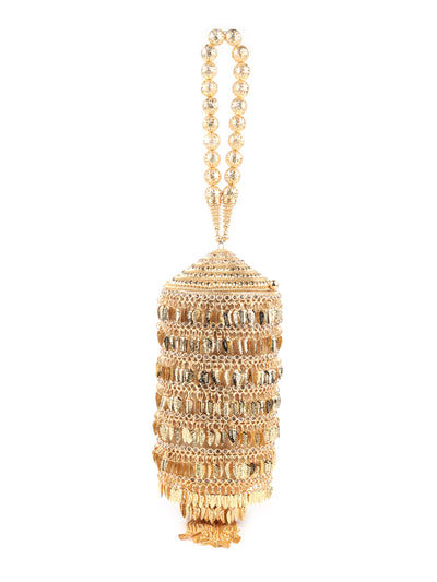 Odette Gold Embellished Cylindrical Metal Clutch for Women