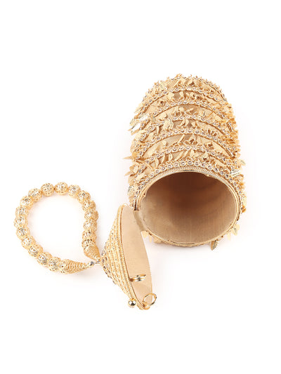 Odette Gold Embellished Cylindrical Metal Clutch for Women