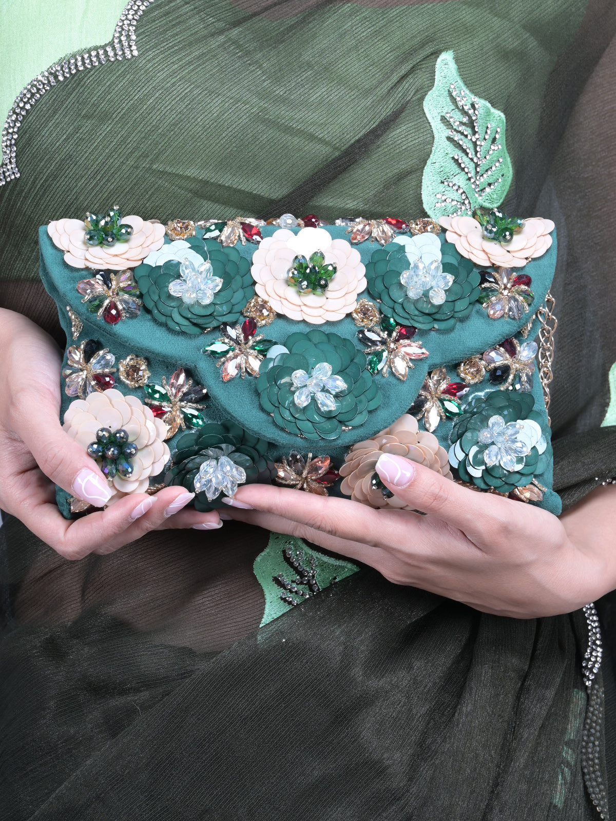Odette Dark Green Floral Embroidered Clutch for Women