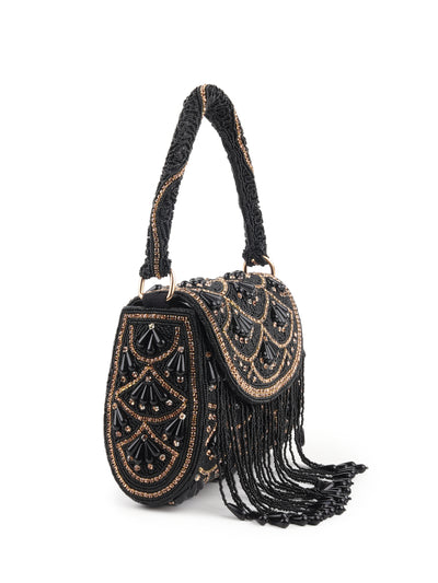 Odette Black and Gold Beads Embroidered Clutch for Women