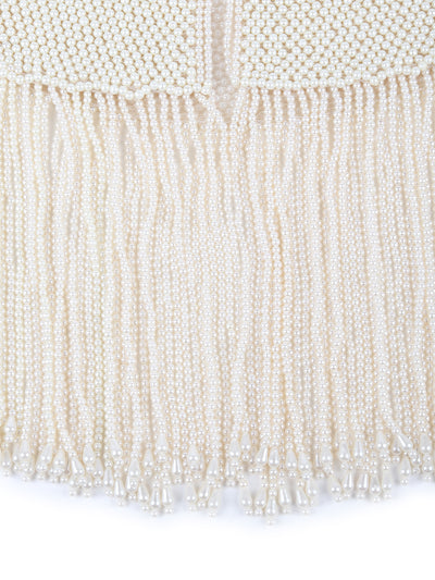 Odette White Heavy Pearl Embellished Tassels Cape for Women