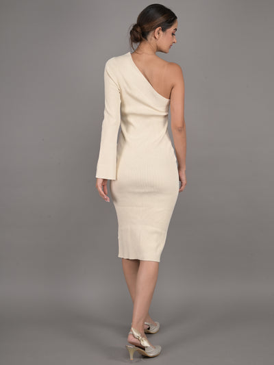 Odette Cream Textured One Shoulder Stitched Dress for Women