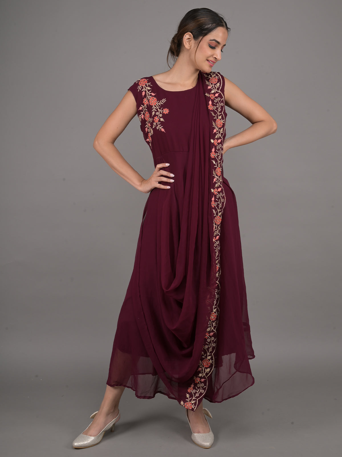 Odette Purple Crepe Embroidered Stitched Indo-Western Dress For Women