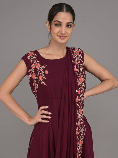 Odette Purple Crepe Embroidered Stitched Indo-Western Dress For Women