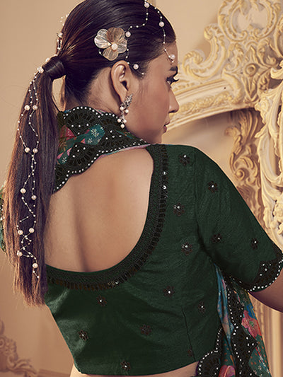 Odette Green Embellished Saree With Unstitched Blouse For Women