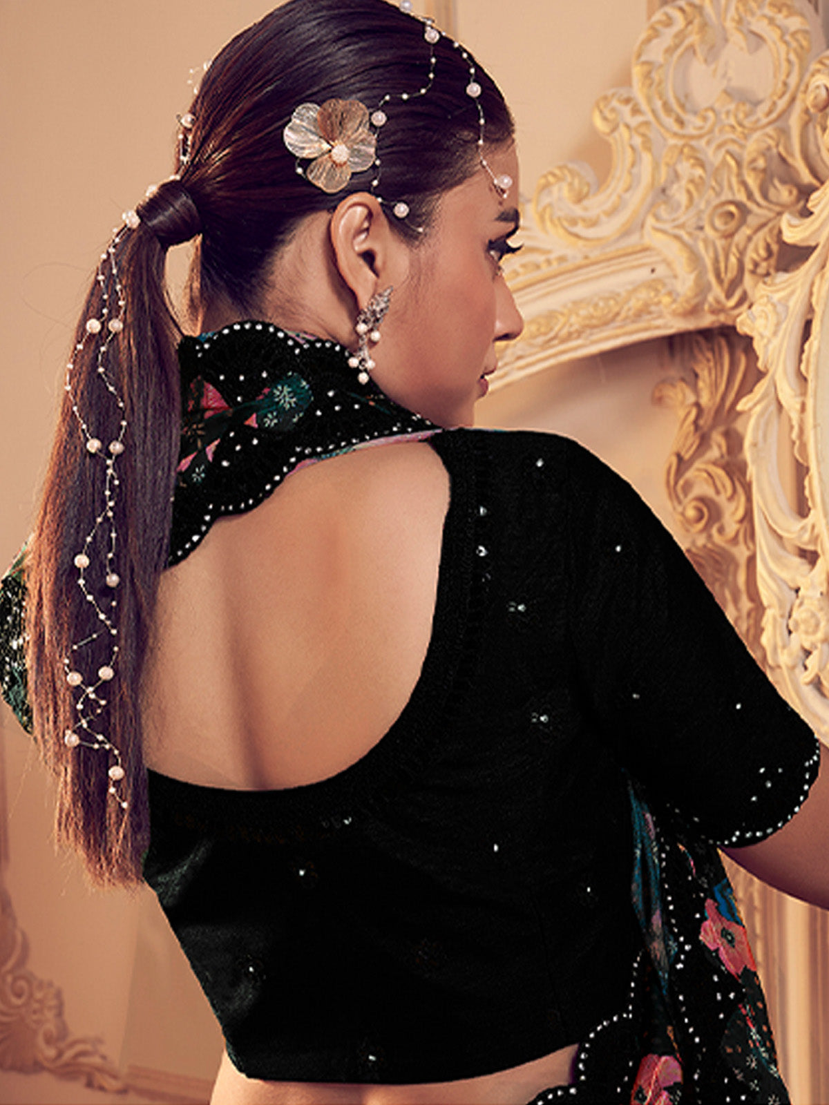 Odette Black Embellished Saree With Unstitched Blouse For Women