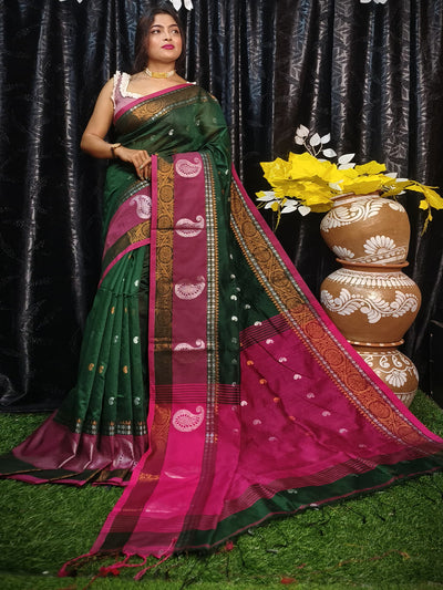 Odette Green Silk Blend Saree with Unstitched Blouse For Women