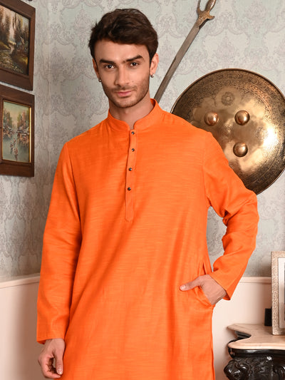 Odette Orange Solid Cotton Polyester Kurta Set For Men