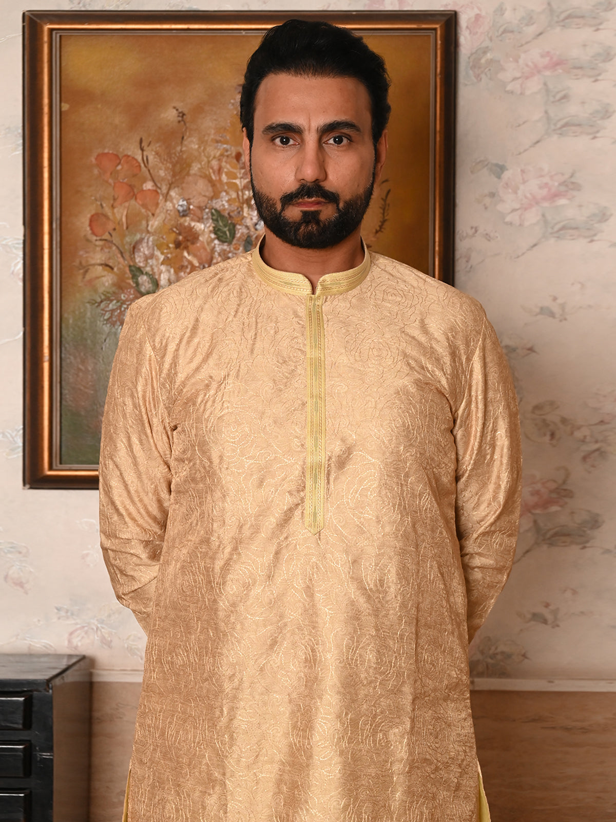 Odette Yellow Printed Embroidered Cotton Kurta Set For Men