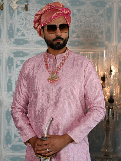 Odette Pink Printed Embroidered Cotton Kurta Set For Men