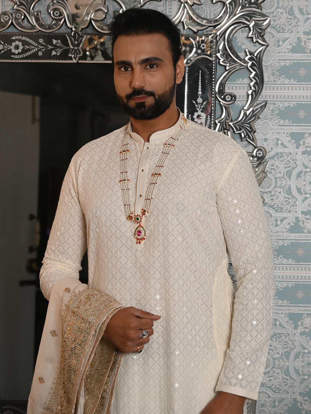 Odette Off White Embroidered Cotton Traditional Kurta Set For Men