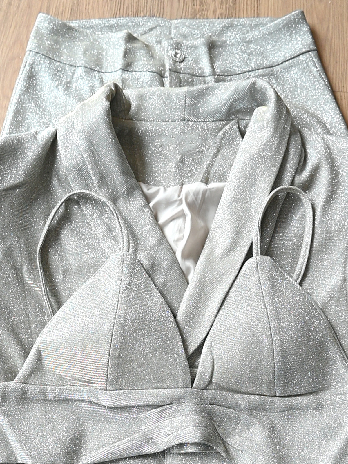Odette Women Silver Shimmery Polyester Lycra Co-Ord Stitched Set