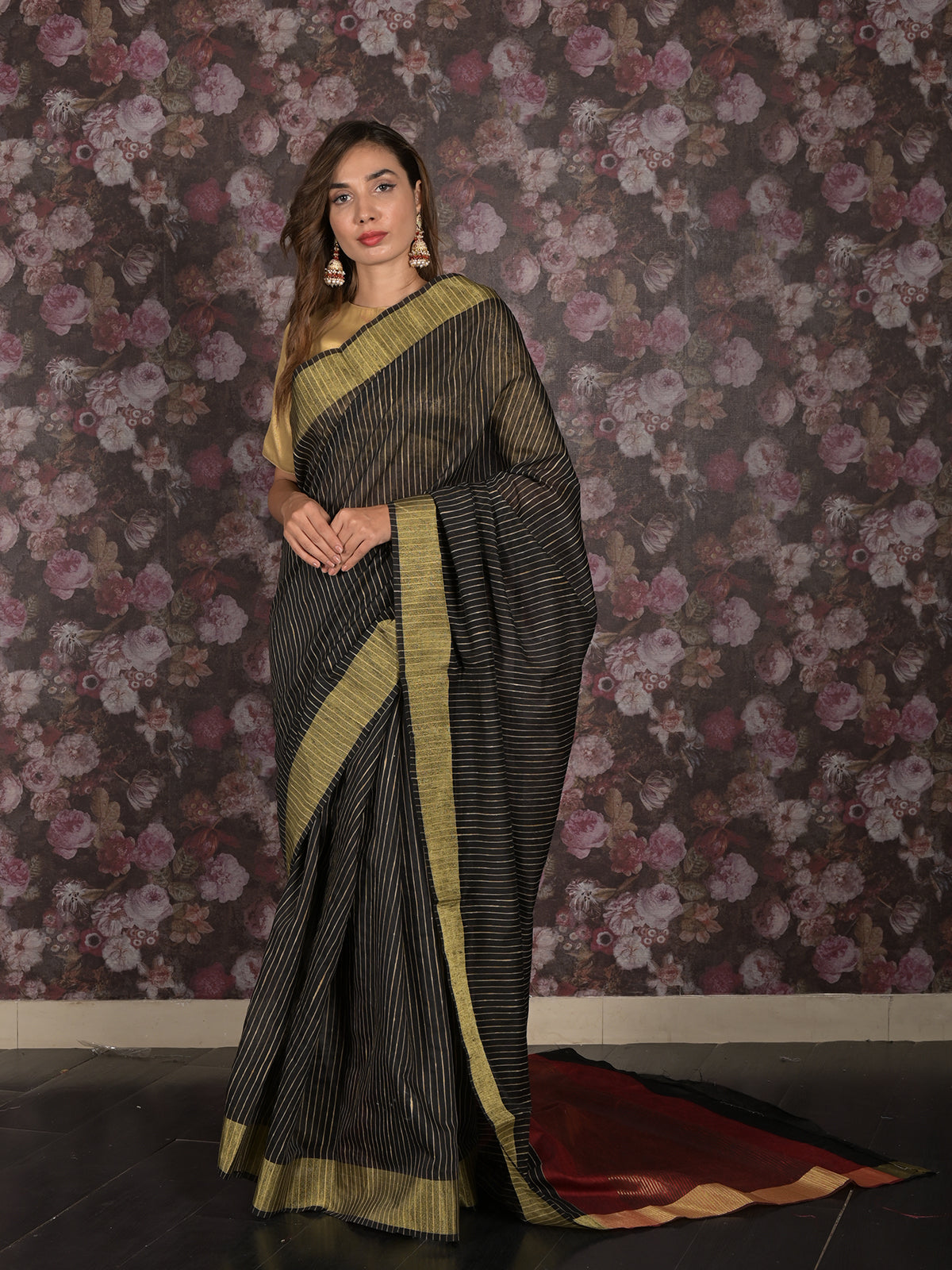 Odette Black Cotton Blend Woven Saree with Unstitched Blouse for Women