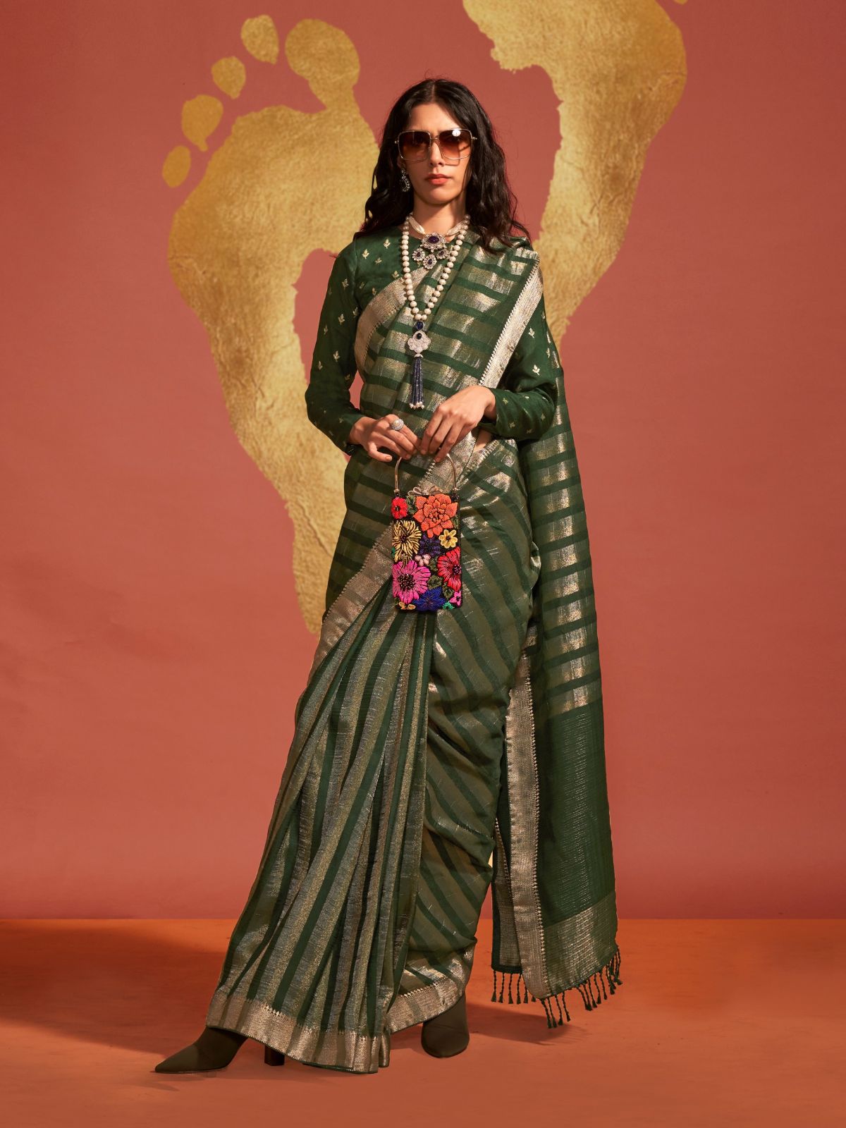 Odette Olive Viscose Woven Saree With Unstitched Blouse For Women