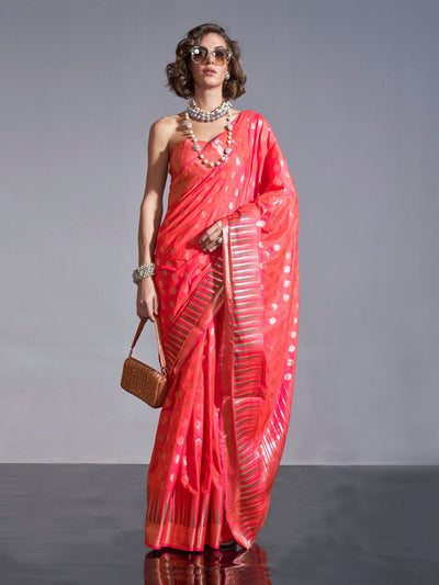 Odette Orange Silk Blend Woven Saree With Unstitched Blouse For Women