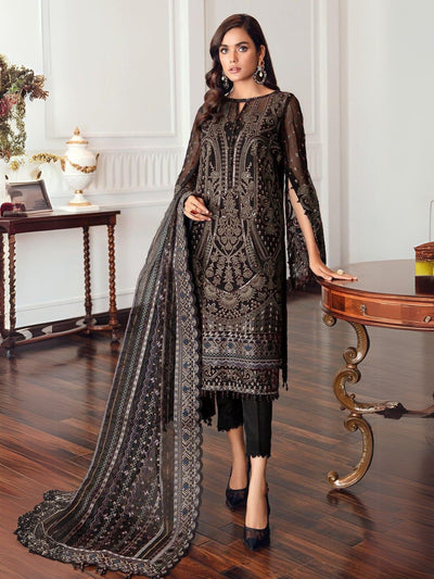 Odette Black Georgette Grey Embroidered Semi-Stitched Kurta Set For Women