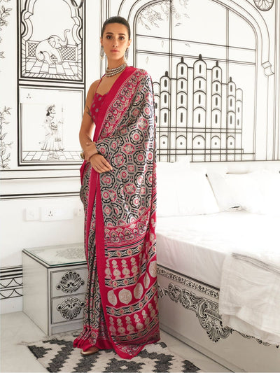 Odette Red Satin Printed Saree With Unstitched Blouse For Women