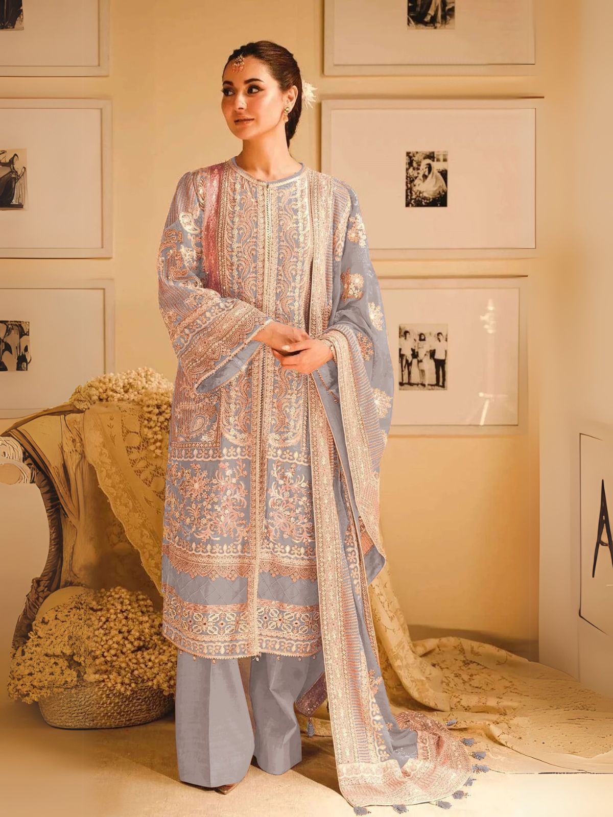 Odette Grey Georgette Embroidered Semi-Stitched Kurta Set For Women