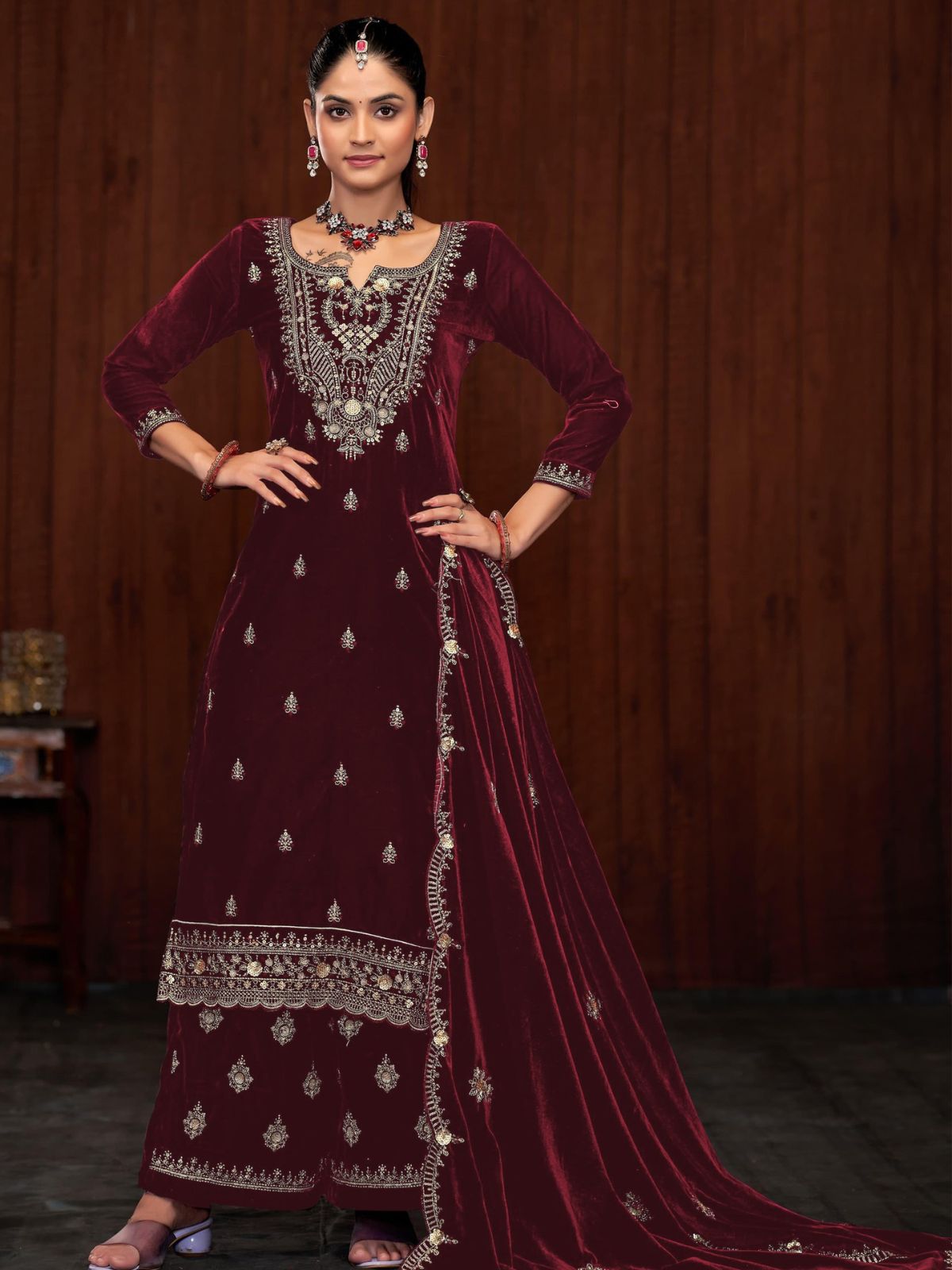 Odette Maroon Velvet Embroidered Semi-Stitched Kurta Set For Women