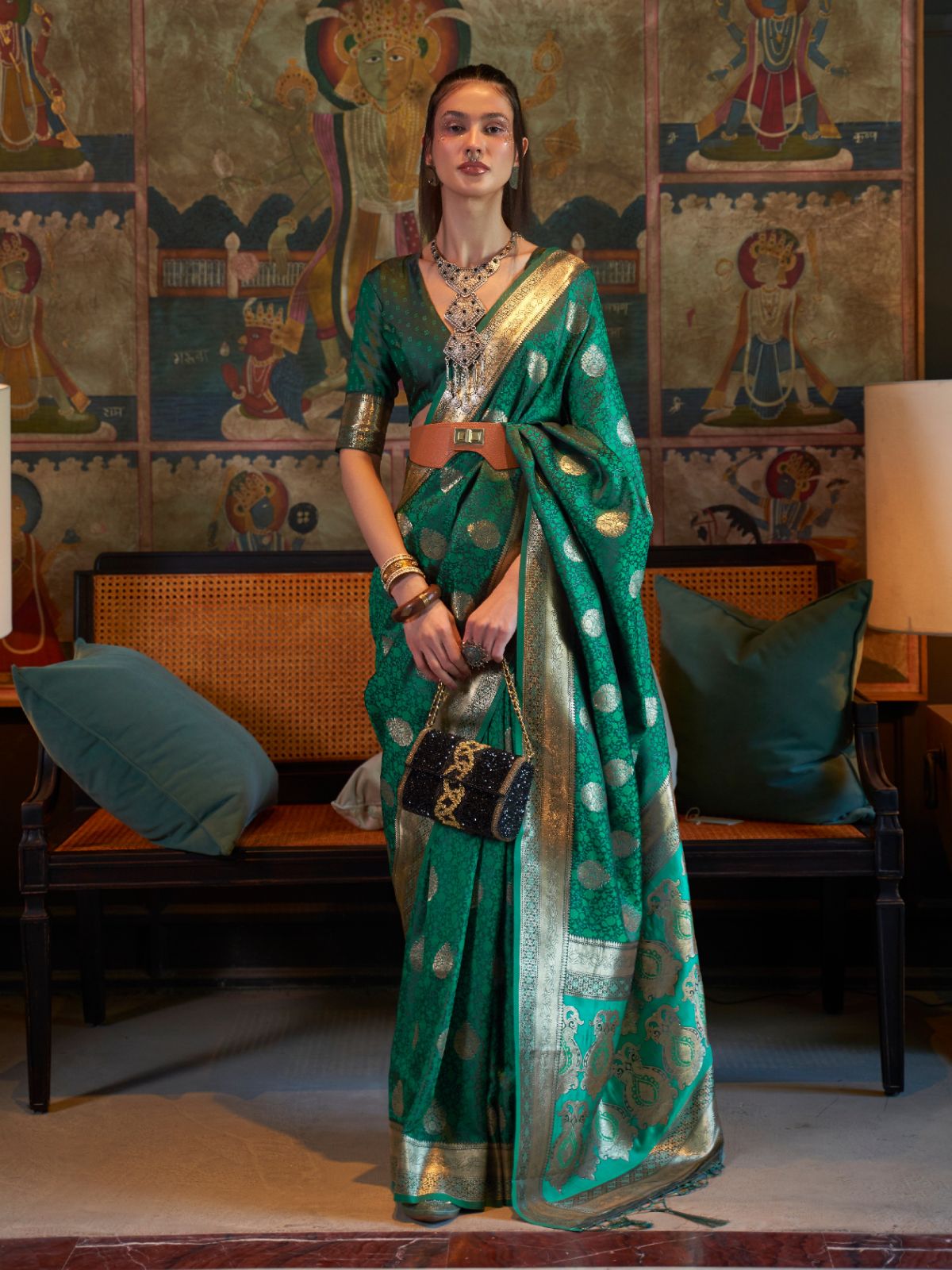 Odette Green Silk Blend Woven Saree With Unstitched Blouse for Women