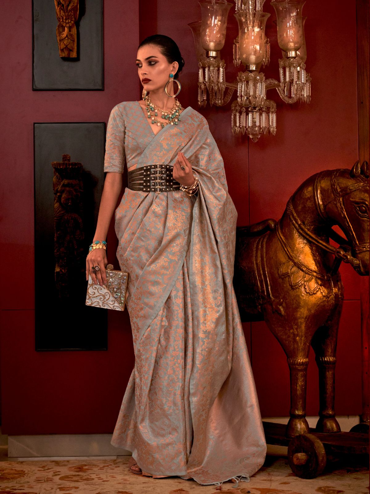 Odette Grey Silk Blend Woven Saree With Unstitched Blouse For Women