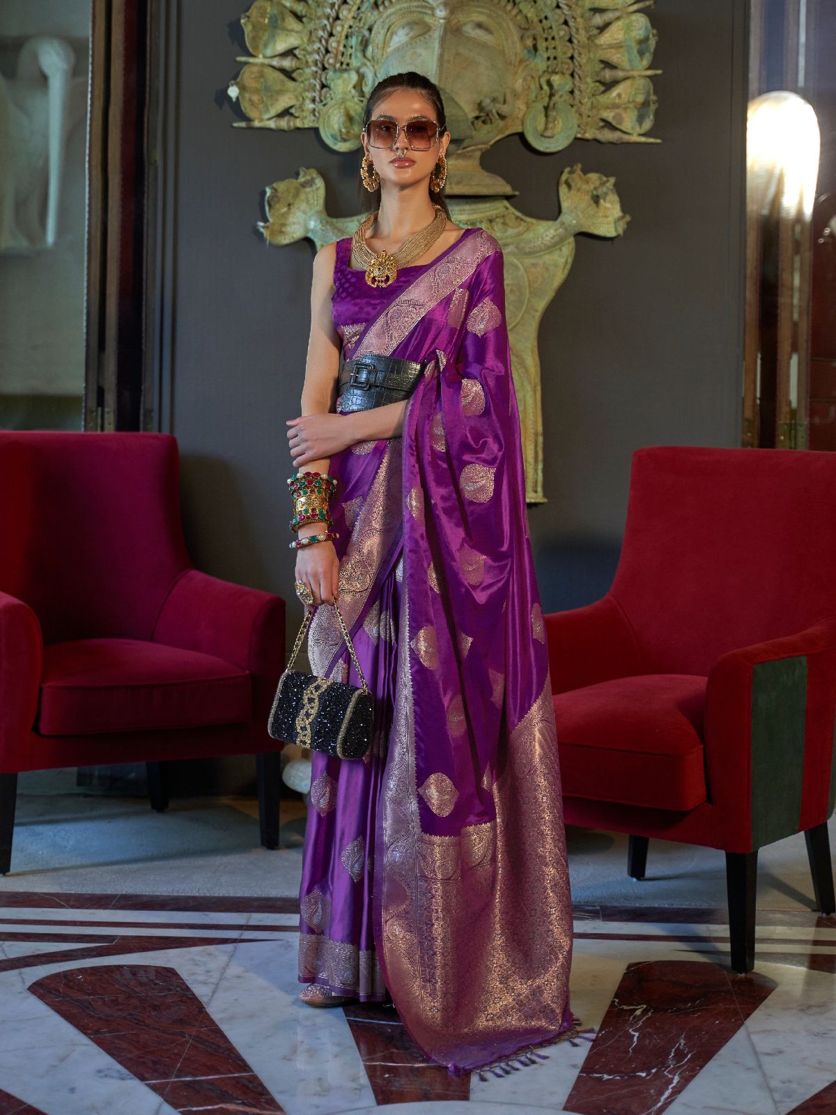 Odette Purple Silk Blend Woven Saree With Unstitched Blouse for Women