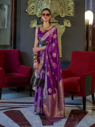 Odette Purple Silk Blend Woven Saree With Unstitched Blouse for Women