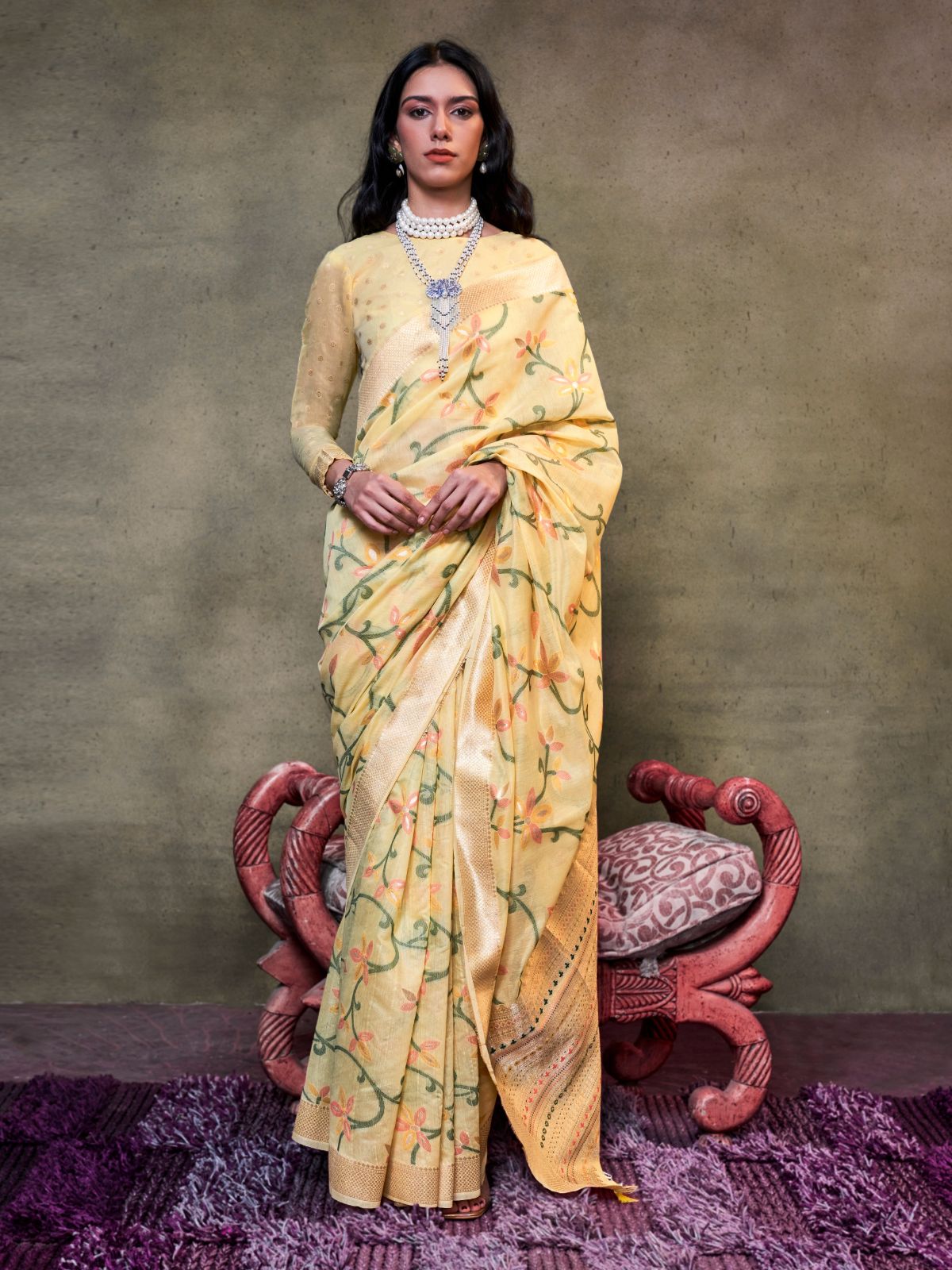 Odette Yellow Silk Blend Woven Saree With Unstitched Blouse For Women