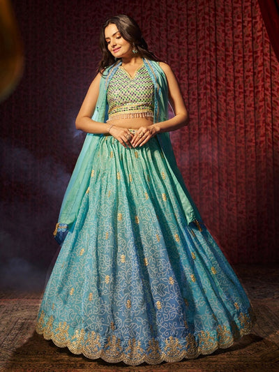 Odette Blue Organza Embroidered Semi-Stitched Lehenga For Women