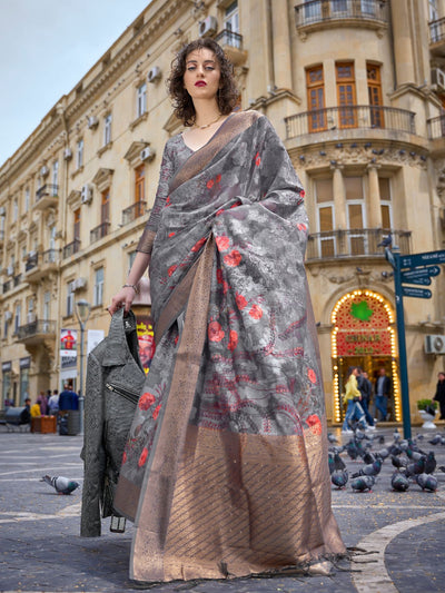 Odette Grey Poly Brasso Woven Saree With Unstitched Blouse For Women