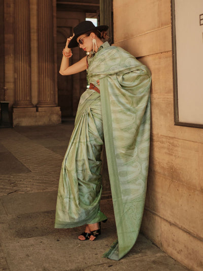 Odette Green Silk Blend Woven Saree With Unstitched Blouse For Women