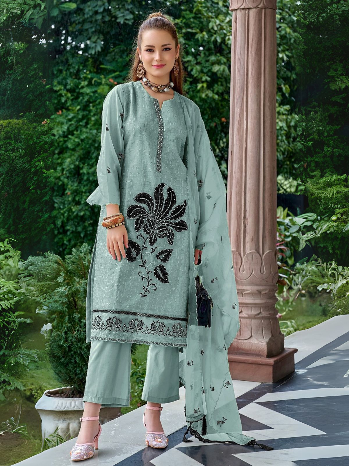 Odette Blue Organza Embroidered Semi-Stitched Kurta Set For Women