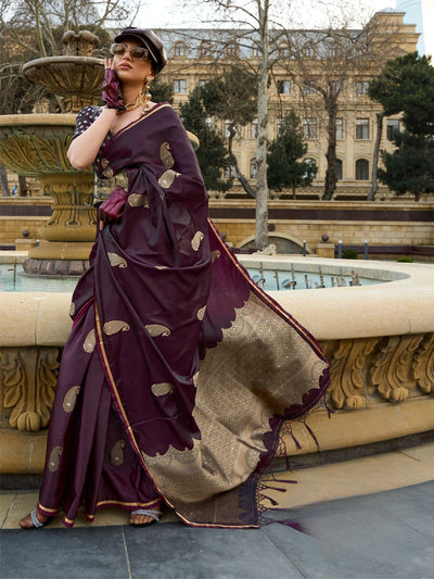 Odette Wine Satin Woven Saree With Unstitched Blouse For Women