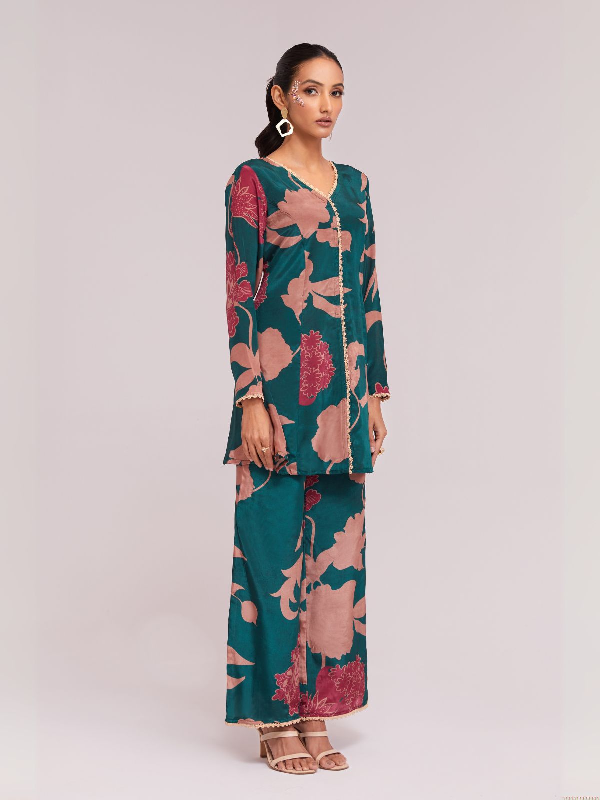 Odette Teal Silk Blend Printed Stitched Co-Ord Set For Women