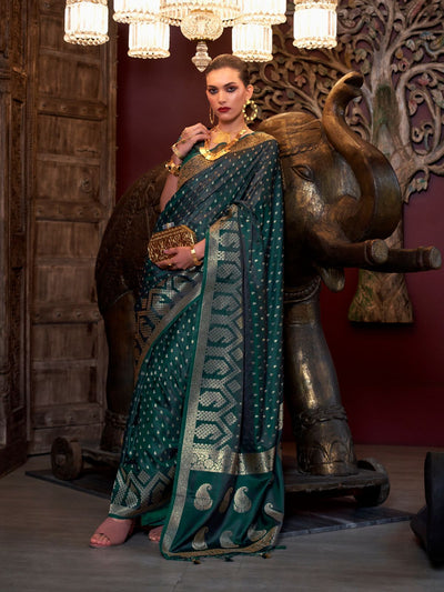 Odette Dark Green Satin Woven Saree With Unstitched Blouse For Women