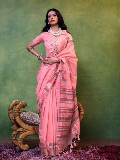 Odette Pink Silk Blend Woven Saree With Unstitched Blouse For Women