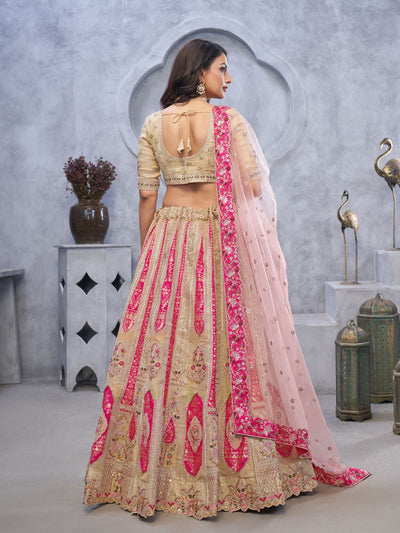 Odette Beige Organza Embellished Semi-Stitched Lehenga With Unstitched Blouse For Women