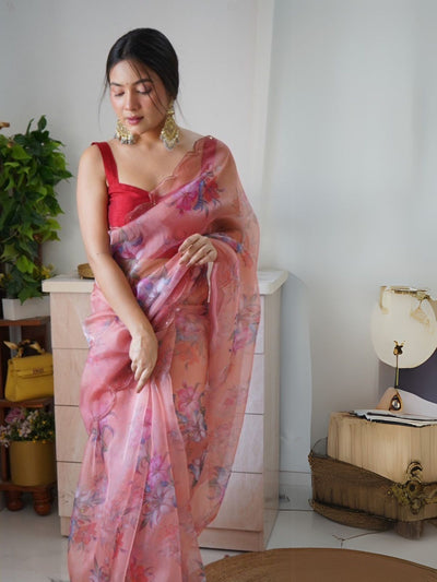 Odette Peach Organza Printed Saree With Unstitched Blouse For Women