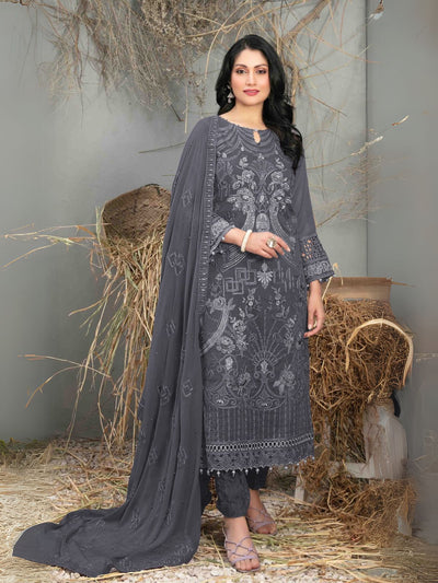 Odette Grey  Georgette Embroidered Semi-Stitched Kurta Set For Women