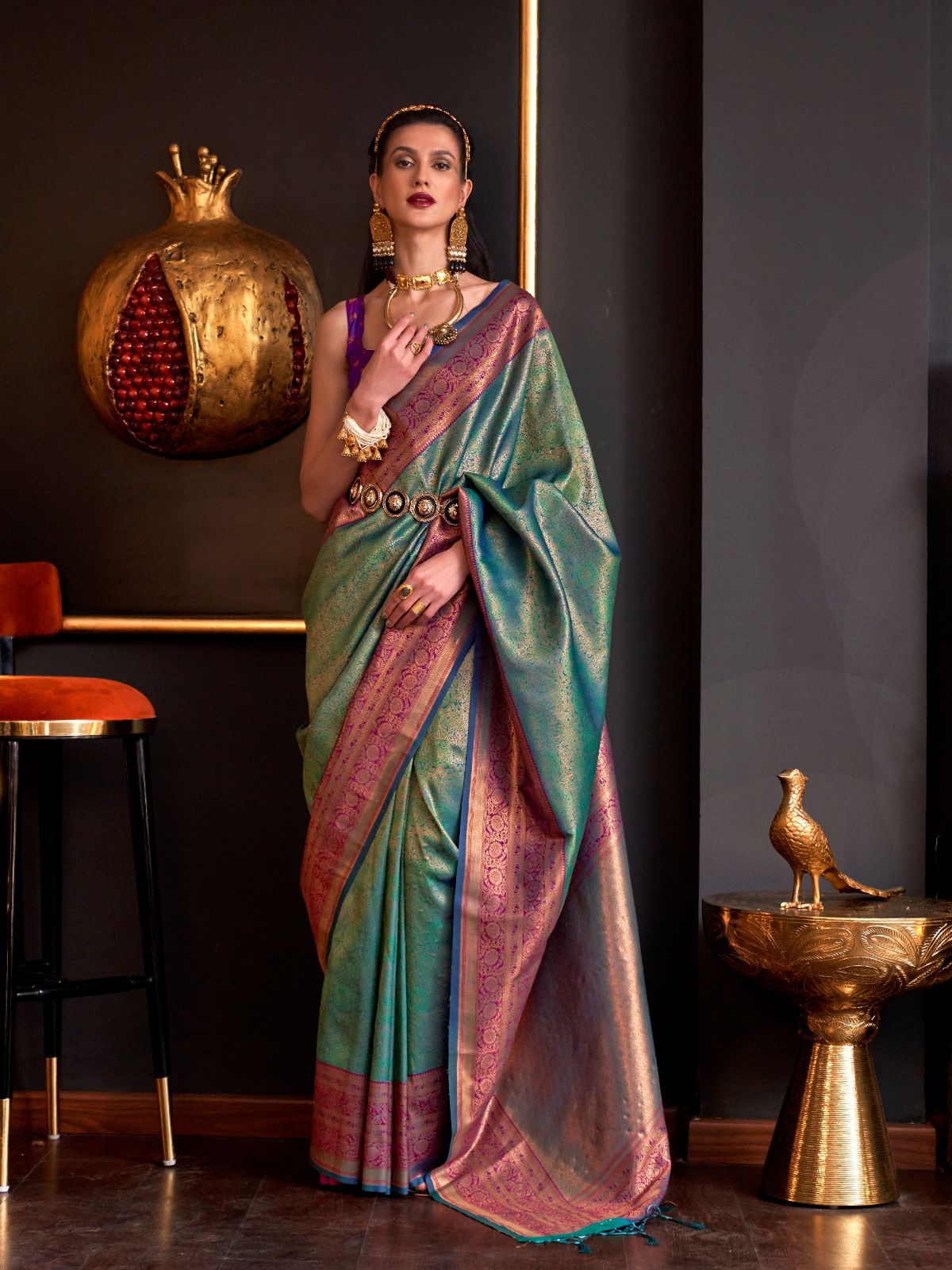 Odette Green Silk Blend Woven Saree With Unstitched Blouse For Women