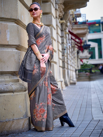 Odette Grey Poly Viscose Printed Saree With Unstitched Blouse For Women