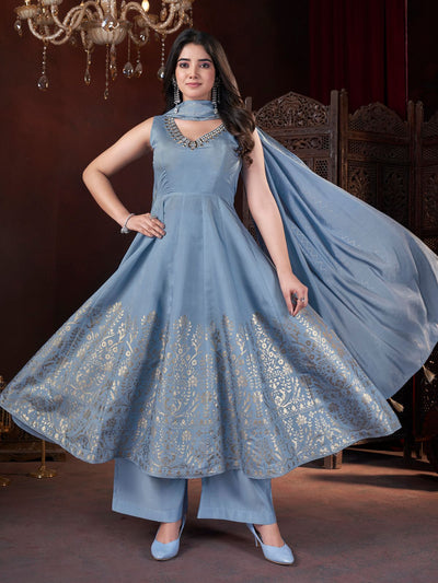 Odette Blue Silk Blend Woven Stitched Kurta Set For Women