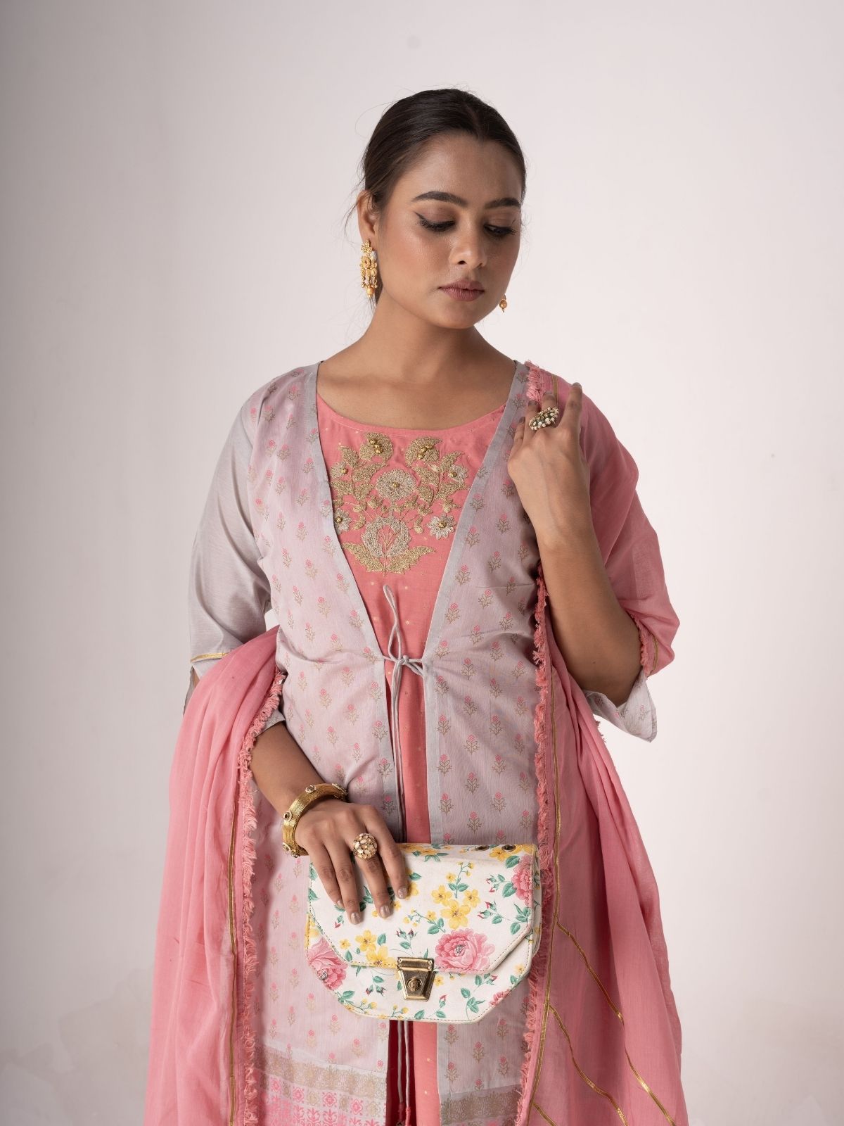 Odette Pink And Lavender Art Silk Printed And Embroidered Semi-Stitched Kurta Set For Women