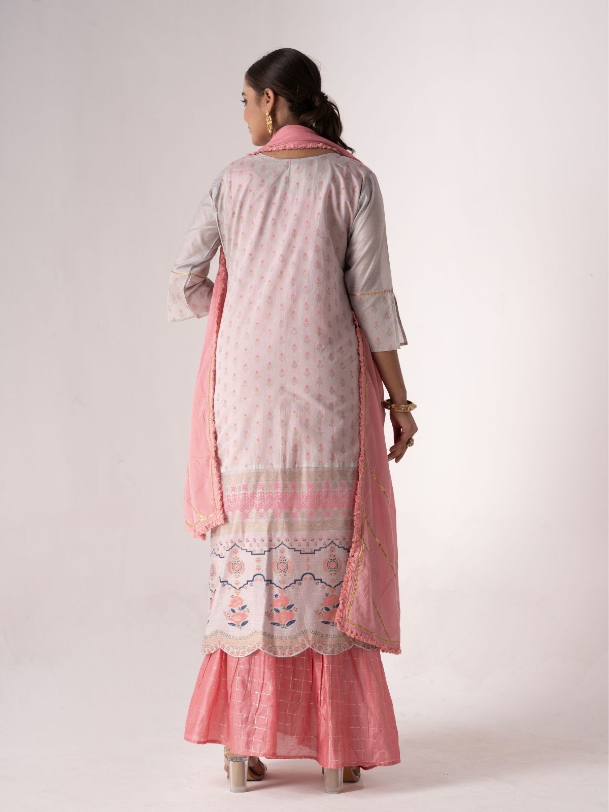 Odette Pink And Lavender Art Silk Printed And Embroidered Semi-Stitched Kurta Set For Women