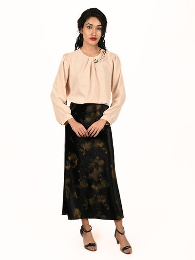 Odette Black Velvet Printed Skirt For Women