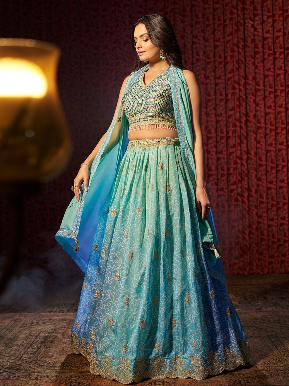 Odette Blue Organza Embroidered Semi-Stitched Lehenga For Women