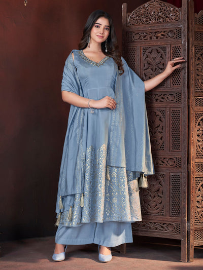 Odette Blue Silk Blend Woven Stitched Kurta Set For Women