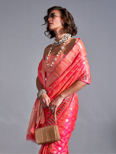 Odette Orange Silk Blend Woven Saree With Unstitched Blouse For Women