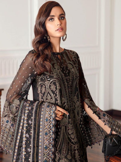 Odette Black Georgette Grey Embroidered Semi-Stitched Kurta Set For Women